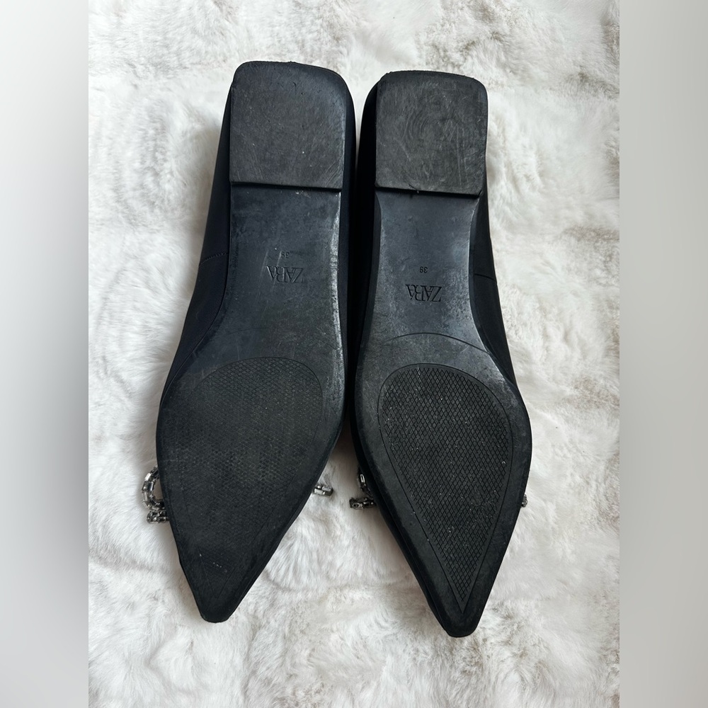 ZARA Black Pointed Toe Embellished Bow Flats - Picture 4 of 7